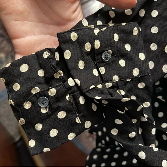 Magaschoni Black and Tan Polka Dot Button Up Long Sleeve Lightweight Blouse - Picture 4 of 8